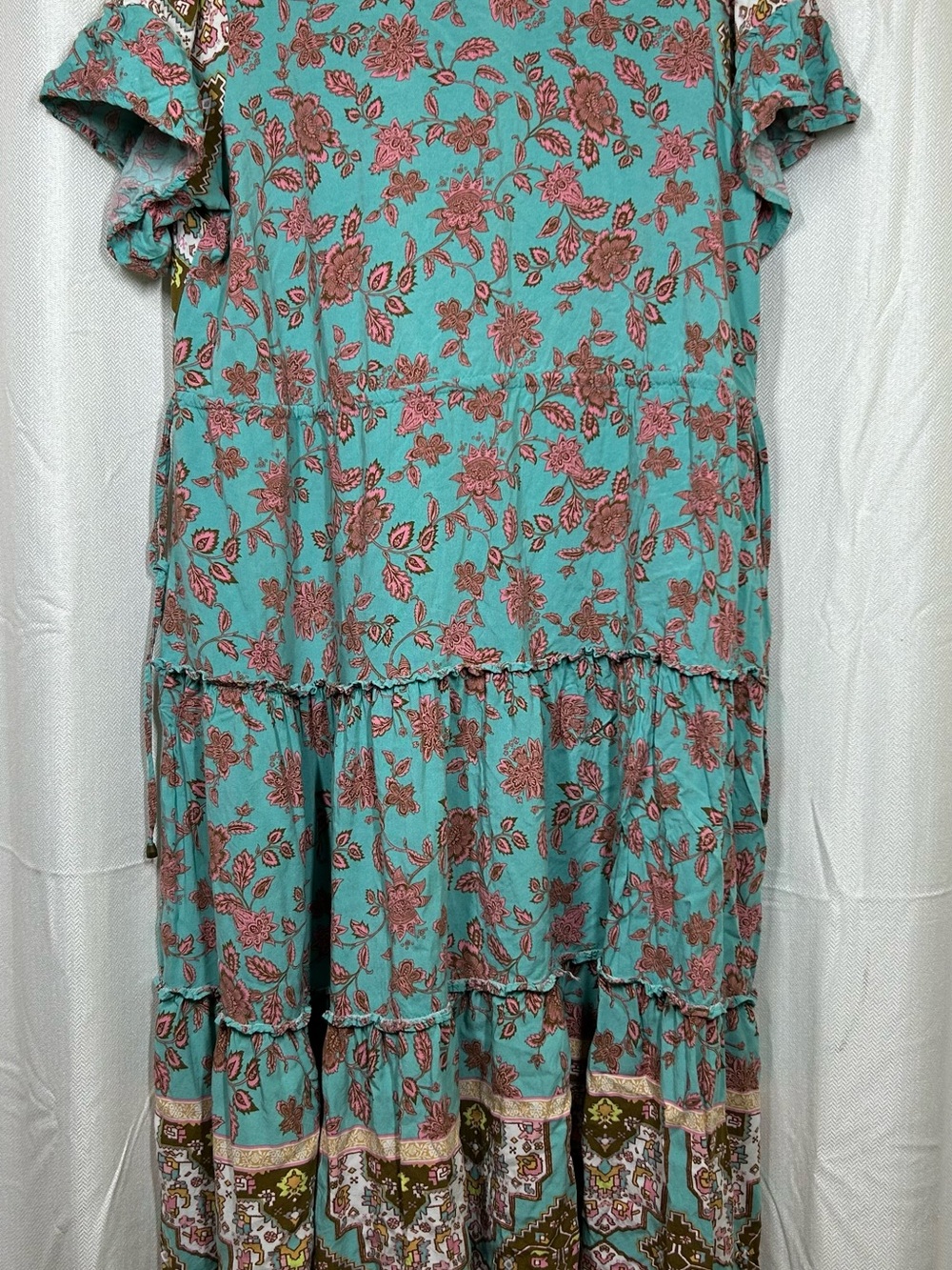 Matilda Jane Down To Earth Dress Teal Brown Size Large Boho Tiered Pockets - Picture 5 of 10